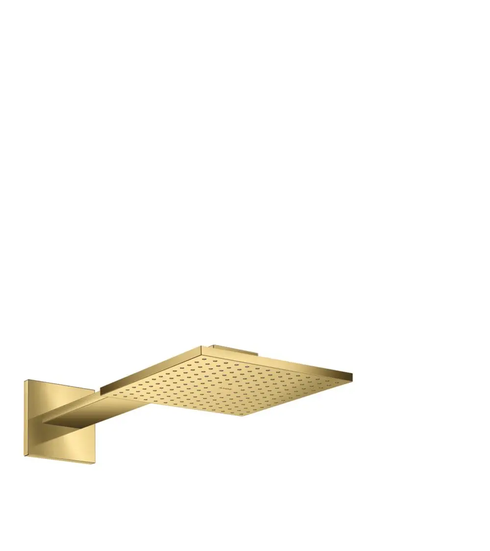 Wandmontierte Kopfbrause in glänzendem Gold mit flachem, rechteckigem Brausekopf und zahlreichen Auslassöffnungen, designt von AXOR.